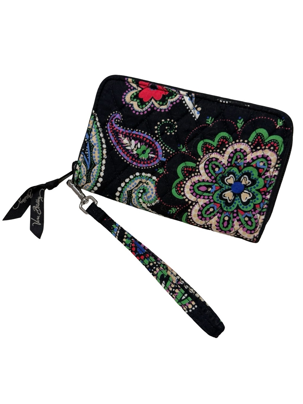 Vera Bradley Black Floral Paisley Wristlet Wallet - Green, Purple, Pink, Blue